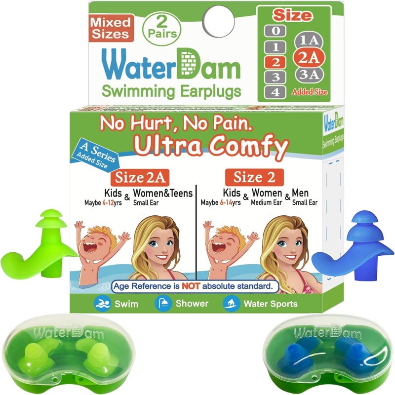 WaterDam سدادات أذن للسباحة من سلسلة A مريحة للغاية وسدادات أذن مقاومة للماء (أحجام مختلطة، الحجم 2A+2: للأطفال والمراهقين والأذن المتوسطة للنساء والأذن الصغيرة للرجال (أخضر أزرق)) - Image 1